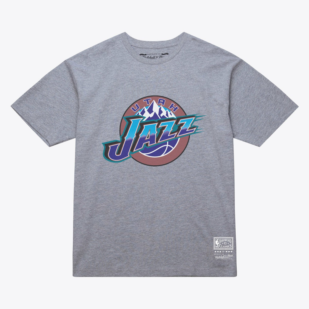 Utah Jazz Unisex Hardwood Classics Arch T-Shirt Heather Gray | Mitchell & Ness for sale
