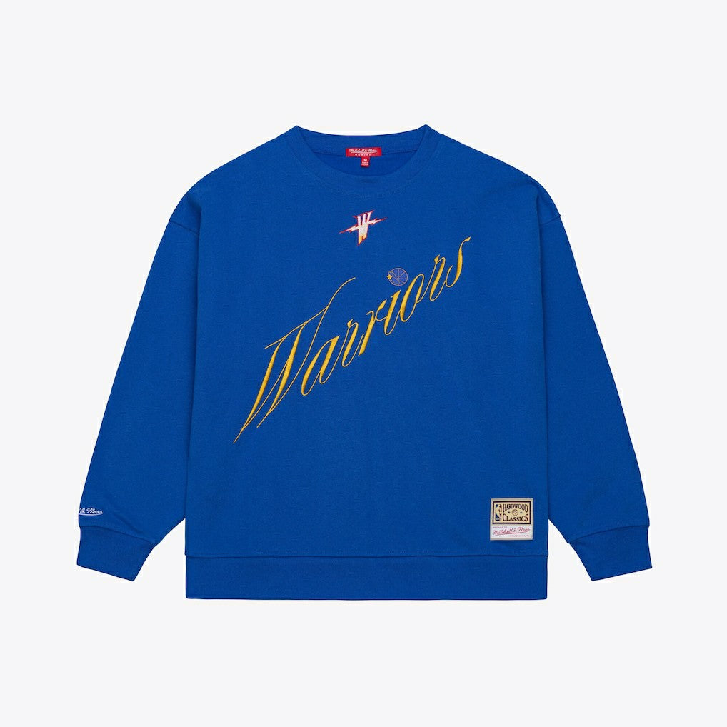 Golden State Warriors Women's Hardwood Classics Script Lightweight Sweatshirt for sale Royal | Mitchell & Ness Lifestyle