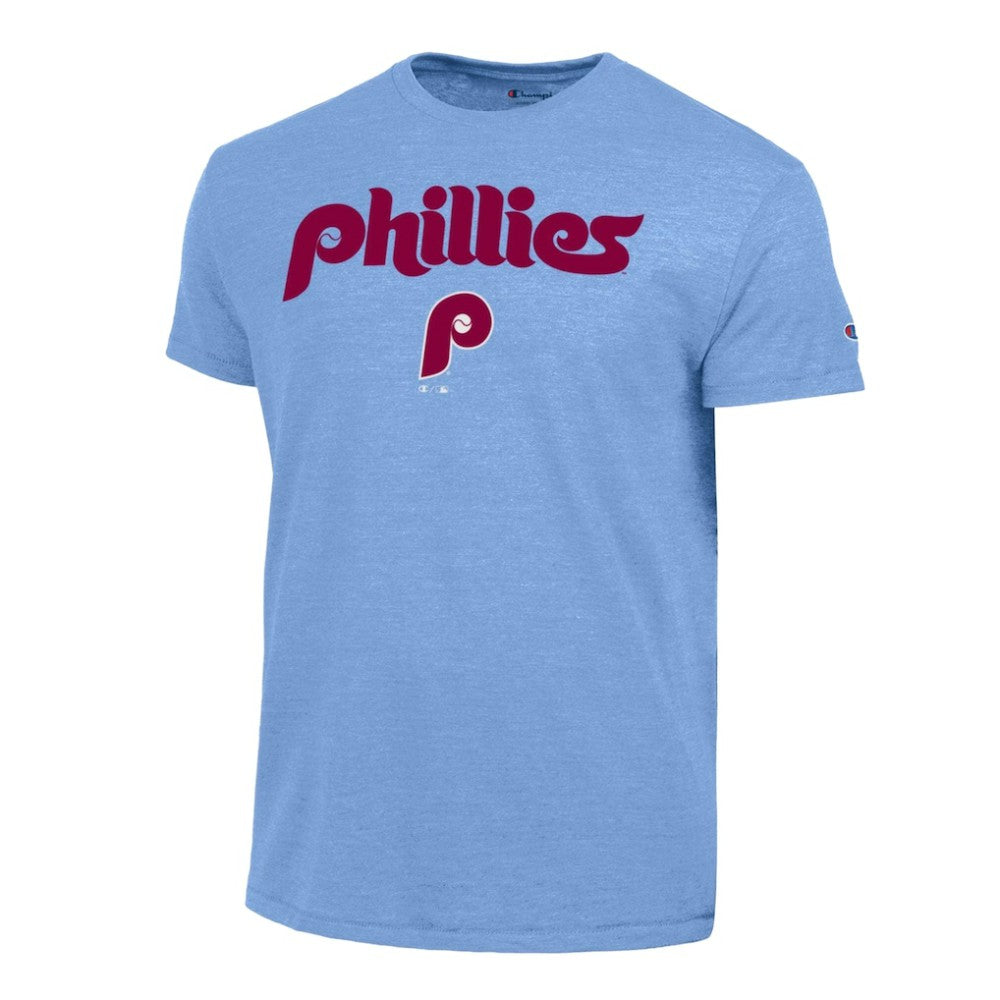 Philadelphia Phillies Champion Cooperstown Wordmark Lockup Tri-Blend T-Shirt - Light Blue - MLB Discount