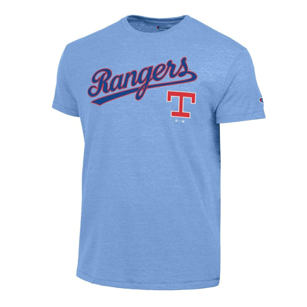 Texas Rangers Champion Cooperstown Wordmark Lockup Tri-Blend T-Shirt - Light Blue - MLB on Sale