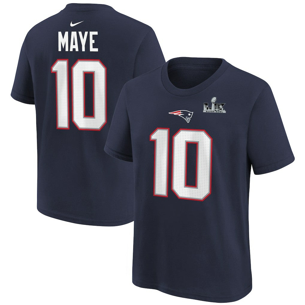 Nike Drake Maye New England Patriots Youth Super Bowl LX Patch Name & Number T-Shirt Navy