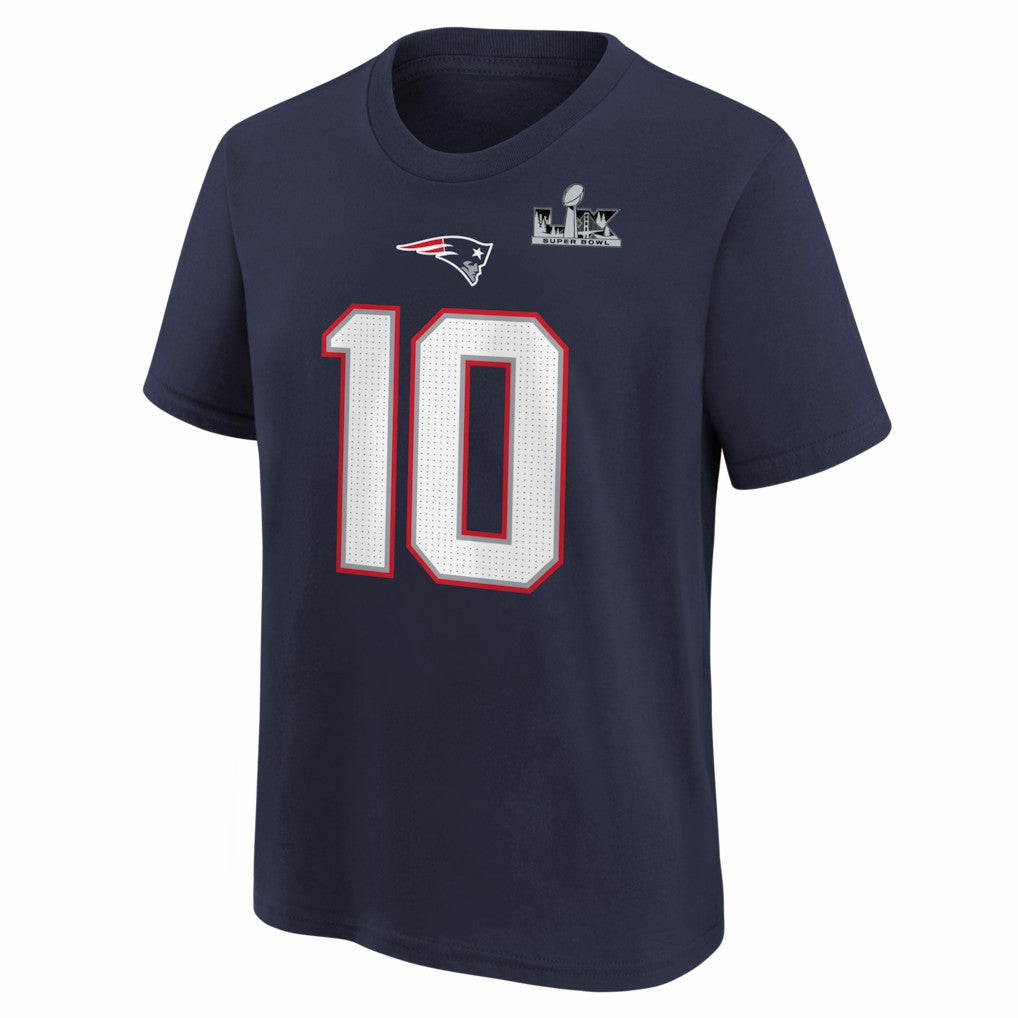 Nike Drake Maye New England Patriots Youth Super Bowl LX Patch Name & Number T-Shirt Navy