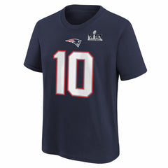 Nike Drake Maye New England Patriots Youth Super Bowl LX Patch Name & Number T-Shirt Navy