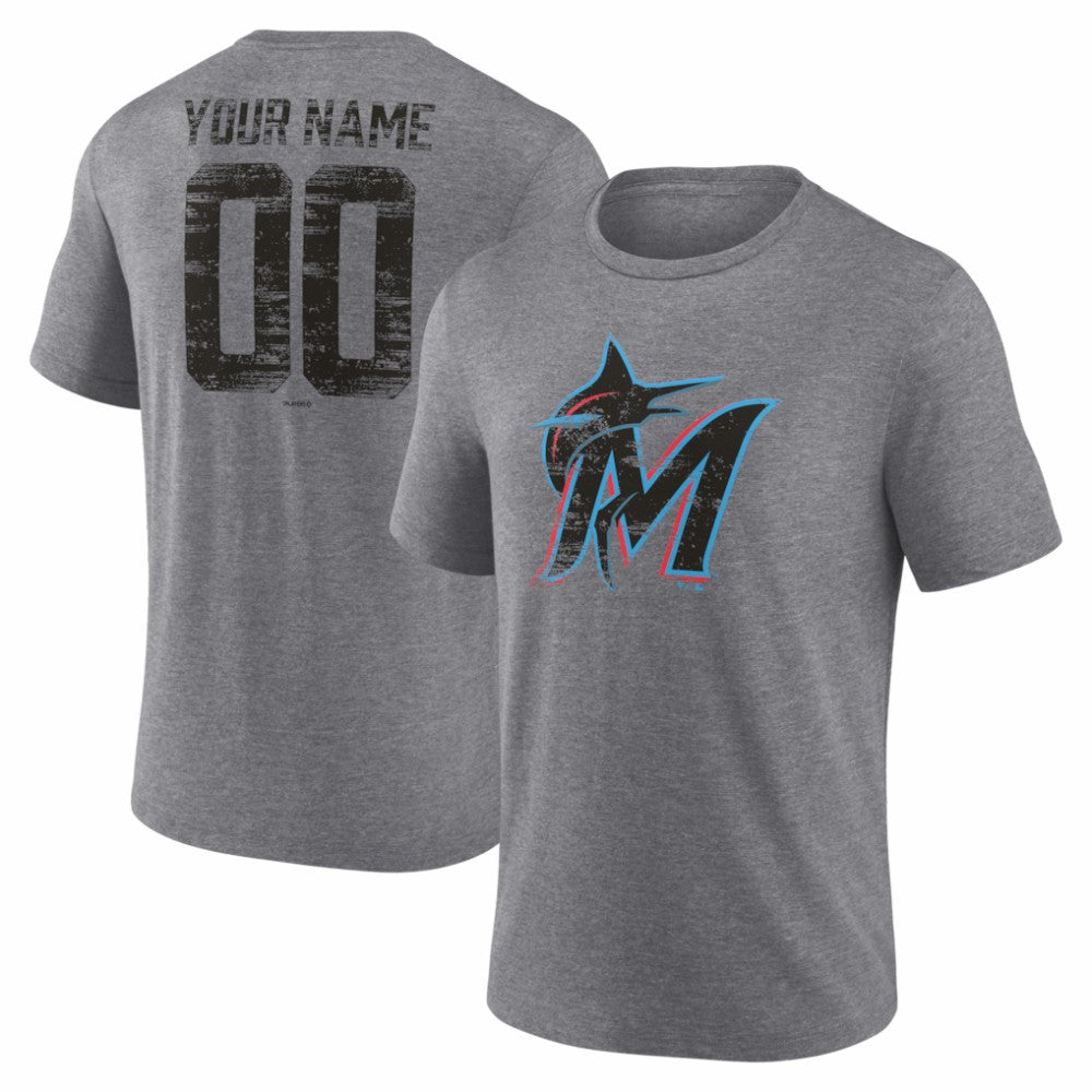 Miami Marlins Heritage Personalized Any Name & Number Tri-Blend T-Shirt - Gray - MLB Discount