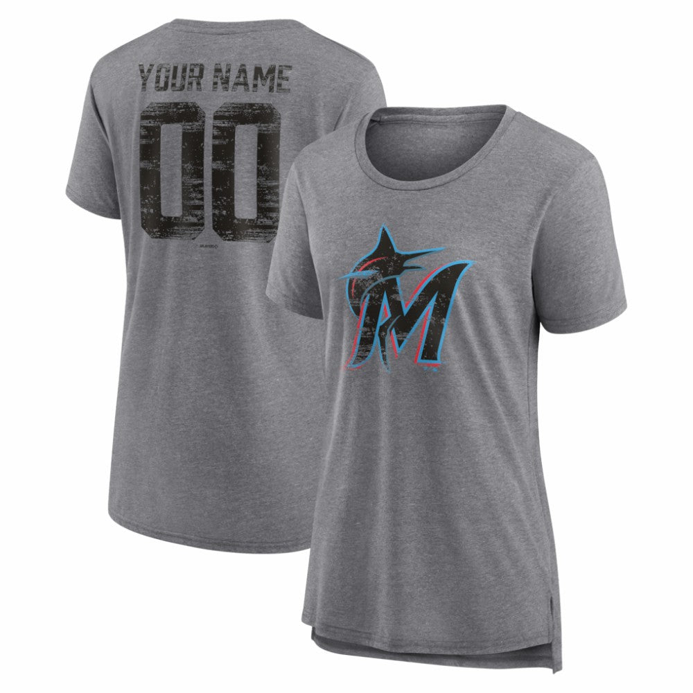 Miami Marlins Women's Heritage Personalized Any Name & Number Tri-Blend T-Shirt - Gray - MLB Lifestyle