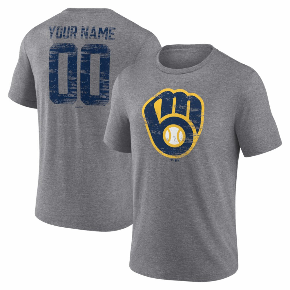 Milwaukee Brewers Heritage Personalized Any Name & Number Tri-Blend T-Shirt - Gray - MLB Sale