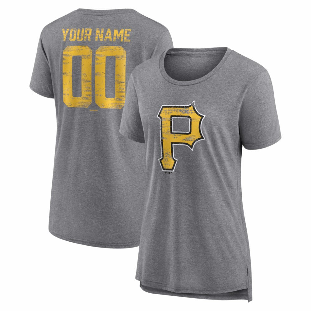 Pittsburgh Pirates Women's Heritage Personalized Any Name & Number Tri-Blend T-Shirt - Gray - MLB on Sale