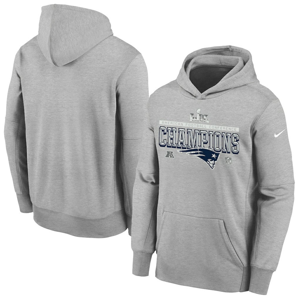 Nike New England Patriots Youth 2025 AFC Champions Locker Room Trophy Collection Authentic Hoodie Gray