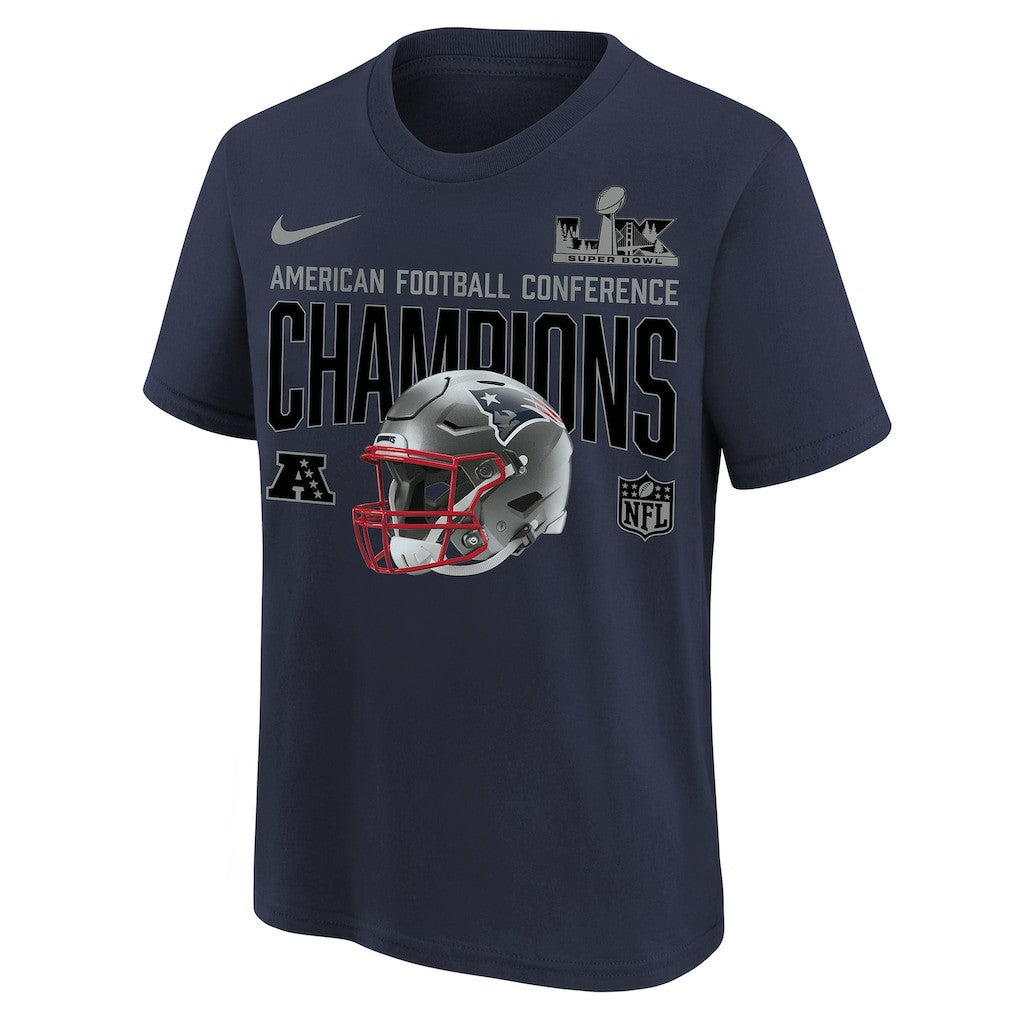 Nike New England Patriots Youth 2025 AFC Champions Glory Shield Helmet T-Shirt Navy