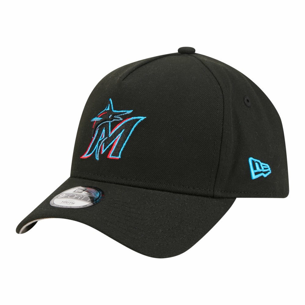 Miami Marlins New Era Youth 9FORTY A-Frame Adjustable Hat - Black - New Era Lifestyle