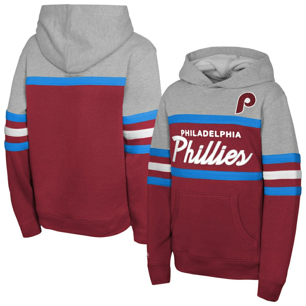 Philadelphia Phillies Mitchell & Ness Youth Cooperstown Head Coach Pullover Hoodie - Red/Grey - Mitchell & Ness Lifestyle
