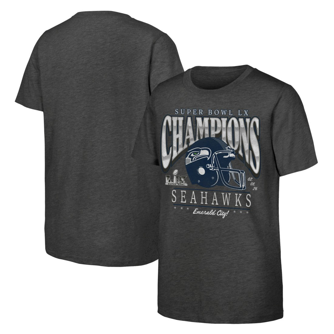 Fanatics Seattle Seahawks Youth Super Bowl LX Champions Prestigious Run Helmet T-Shirt Charcoal