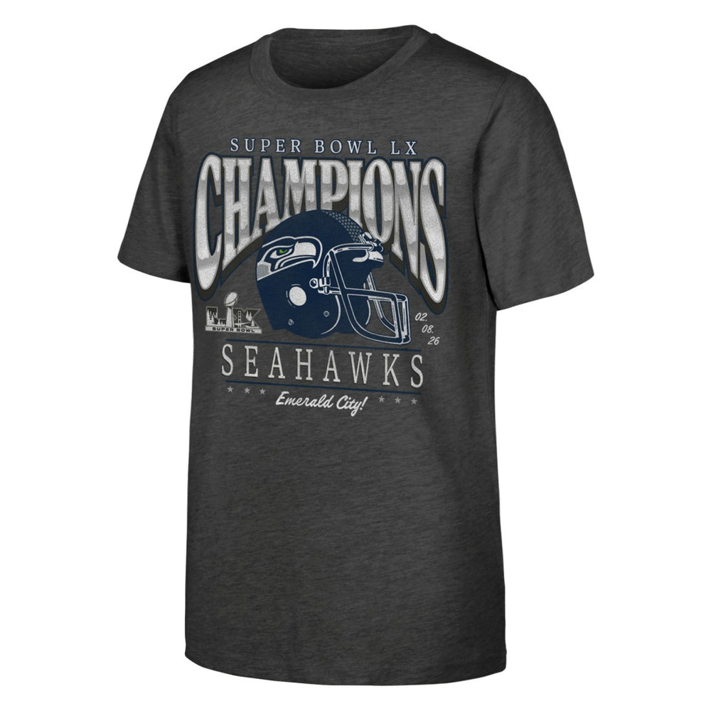 Fanatics Seattle Seahawks Youth Super Bowl LX Champions Prestigious Run Helmet T-Shirt Charcoal