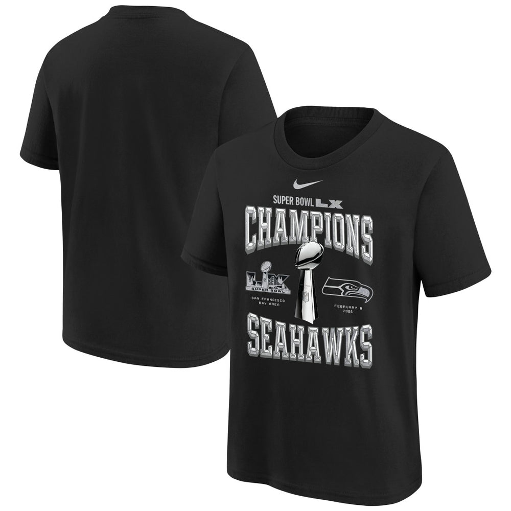 Nike Seattle Seahawks Youth Super Bowl LX Champions Locker Room Trophy Collection Replica T-Shirt Black