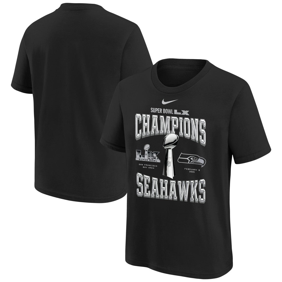 Nike Seattle Seahawks Youth Super Bowl LX Champions Locker Room Trophy Collection Replica T-Shirt Black
