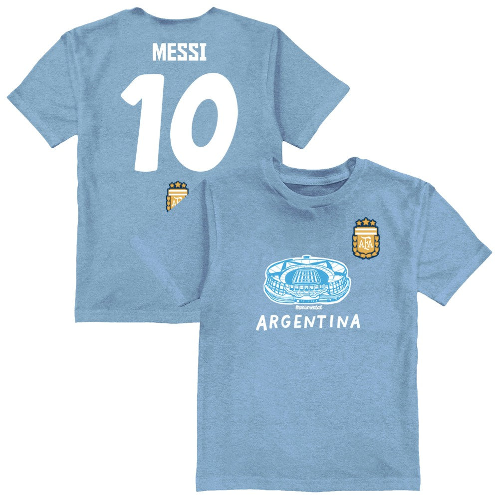 Lionel Messi Argentina National Team Vive La Fete Youth Player Name & Number Stadium Style T-Shirt Light Blue