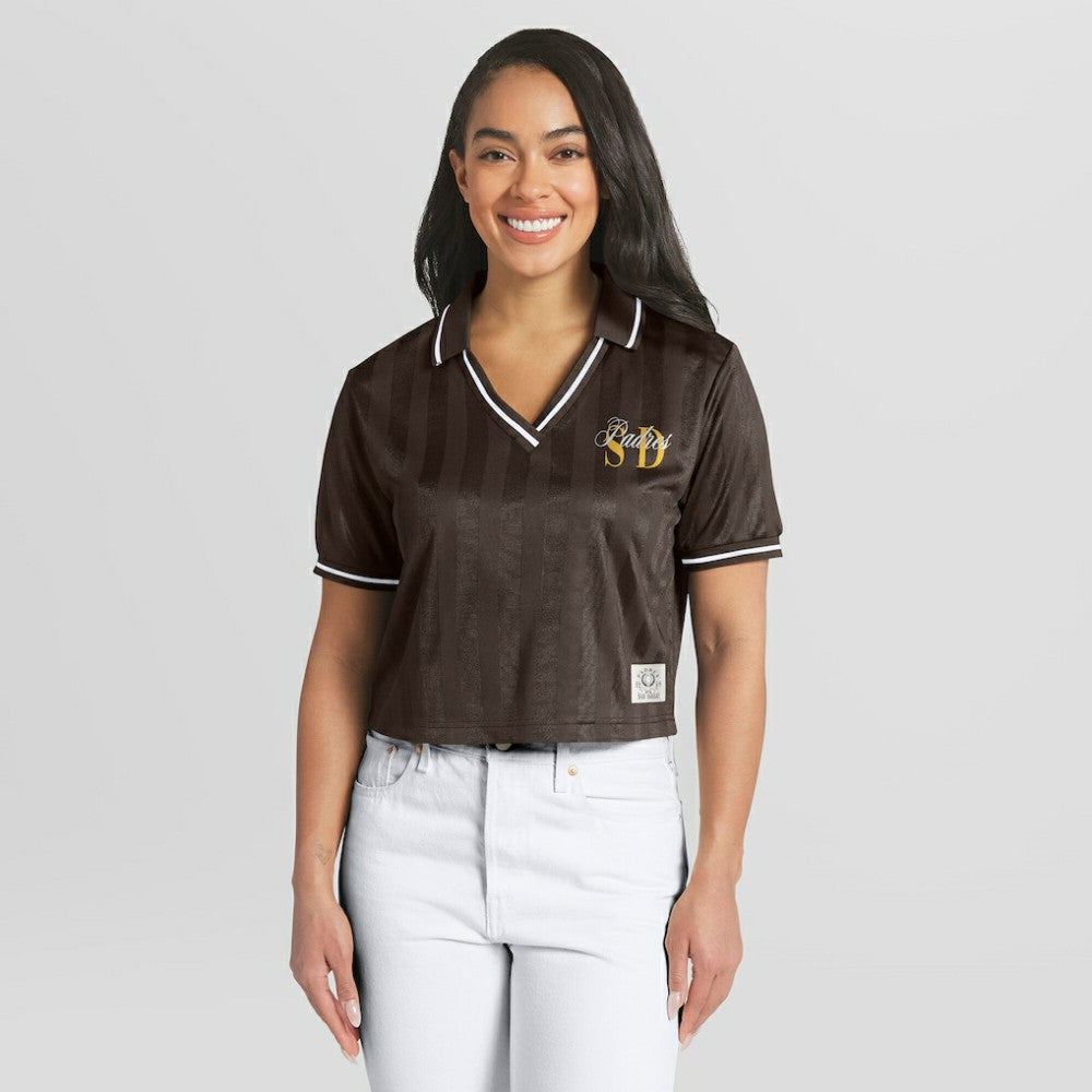 San Diego Padres WEAR by Erin Andrews Women's Cropped Polo - Brown - MLB on Sale