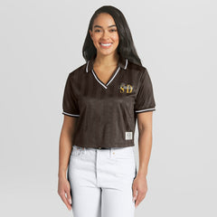 San Diego Padres WEAR by Erin Andrews Women's Cropped Polo - Brown - MLB on Sale