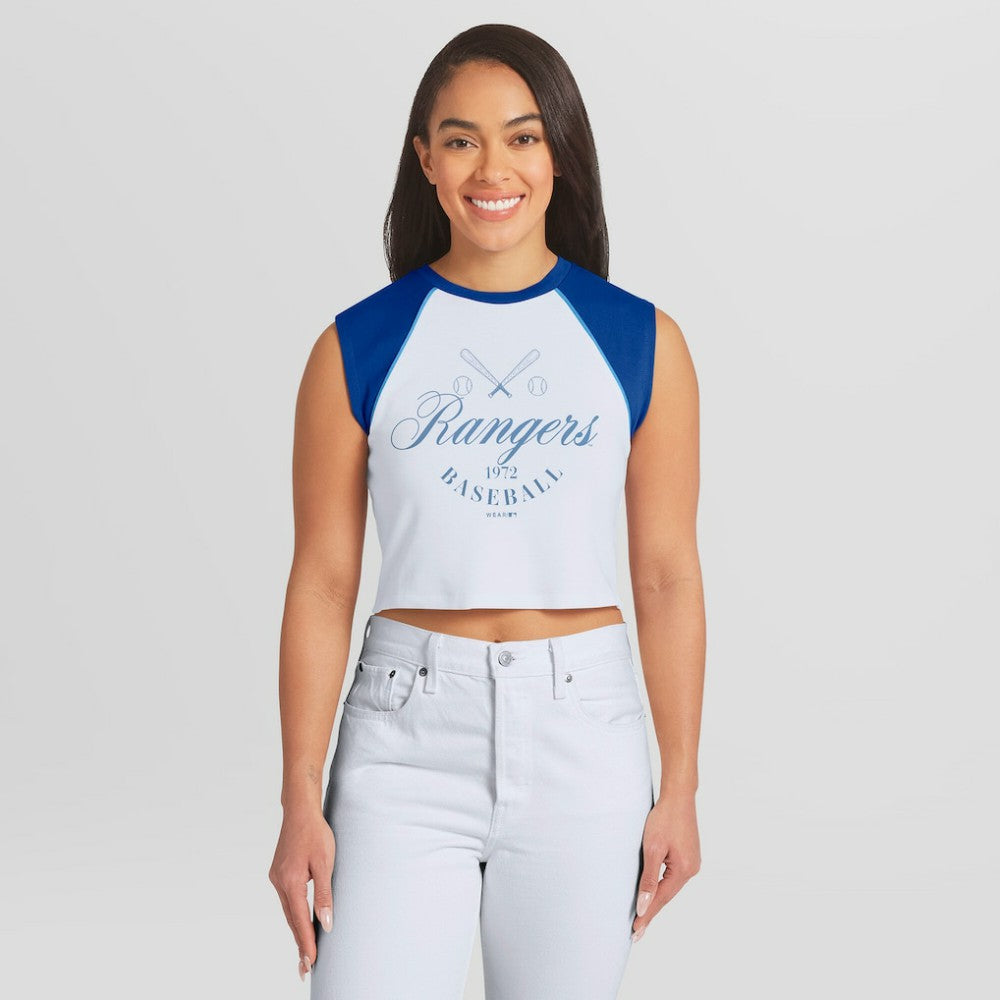 Texas Rangers WEAR by Erin Andrews Women's Cooperstown Cropped Raglan Tank Top - White - MLB Online