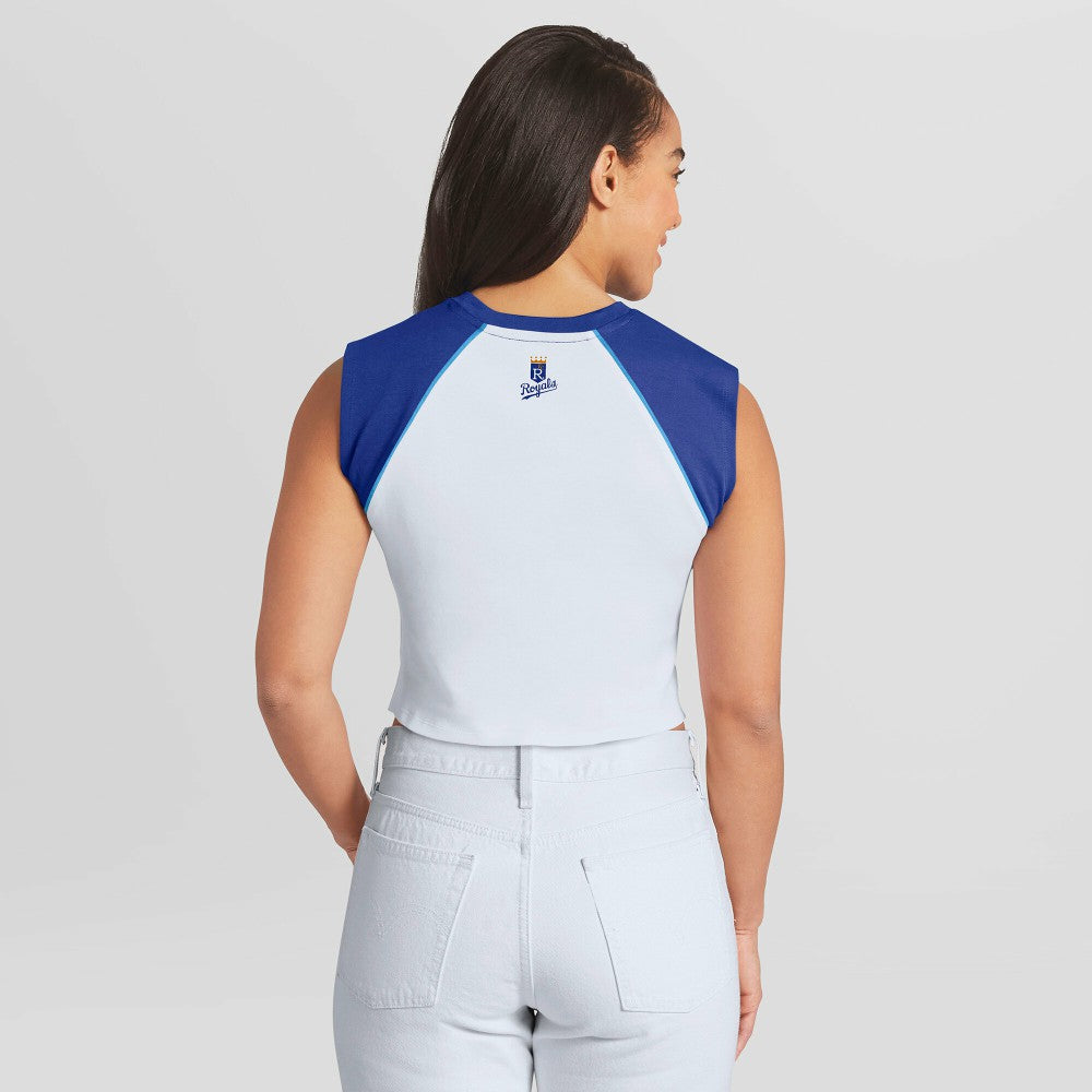 Kansas City Royals WEAR by Erin Andrews Women's Cooperstown Cropped Raglan Tank Top - White - MLB Discount