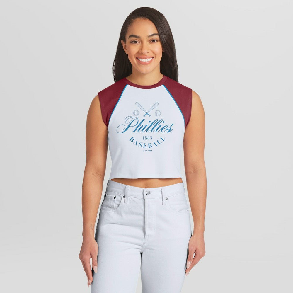 Philadelphia Phillies WEAR by Erin Andrews Women's Cooperstown Cropped Raglan Tank Top - White - MLB Sale
