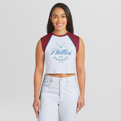 Philadelphia Phillies WEAR by Erin Andrews Women's Cooperstown Cropped Raglan Tank Top - White - MLB Sale