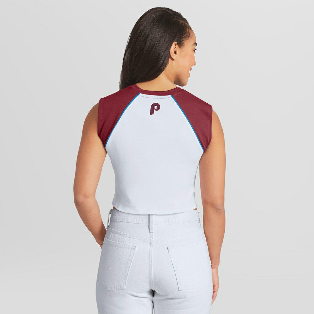 Philadelphia Phillies WEAR by Erin Andrews Women's Cooperstown Cropped Raglan Tank Top - White - MLB Sale