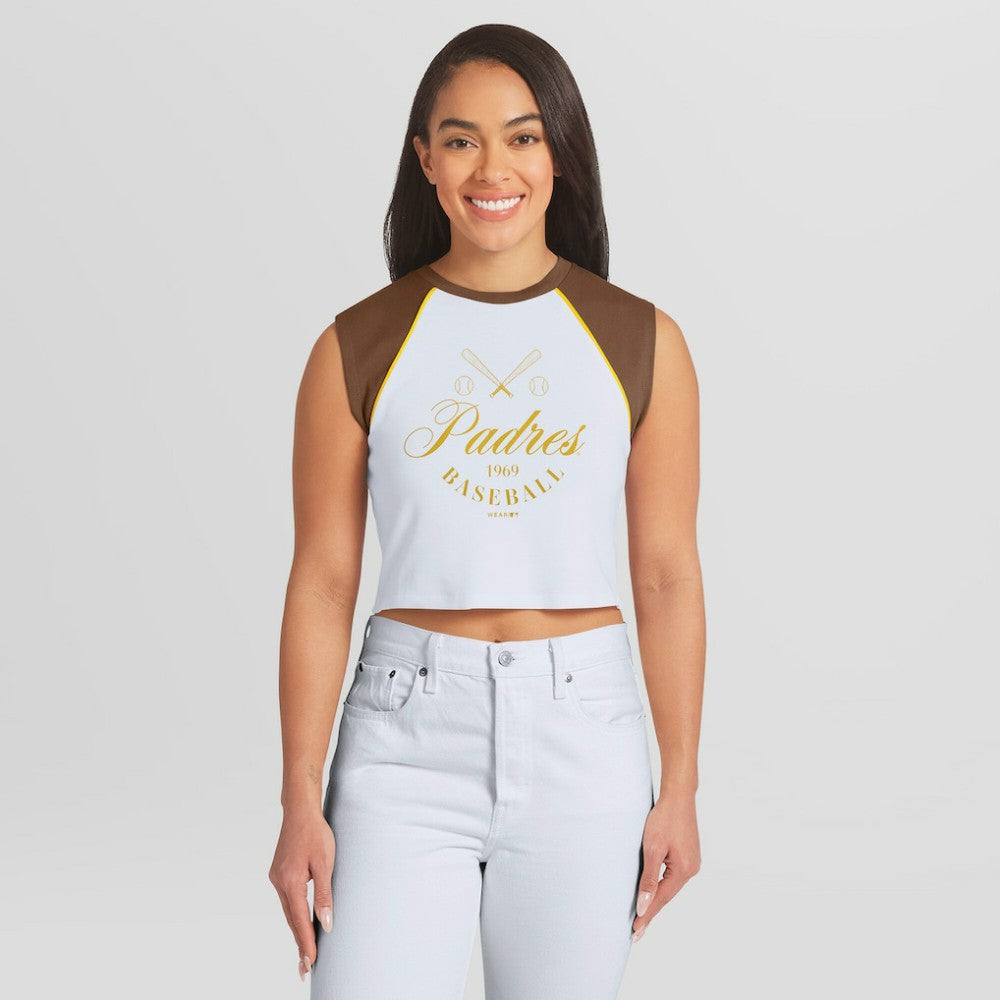 San Diego Padres WEAR by Erin Andrews Women's Cooperstown Cropped Raglan Tank Top - White - MLB Online