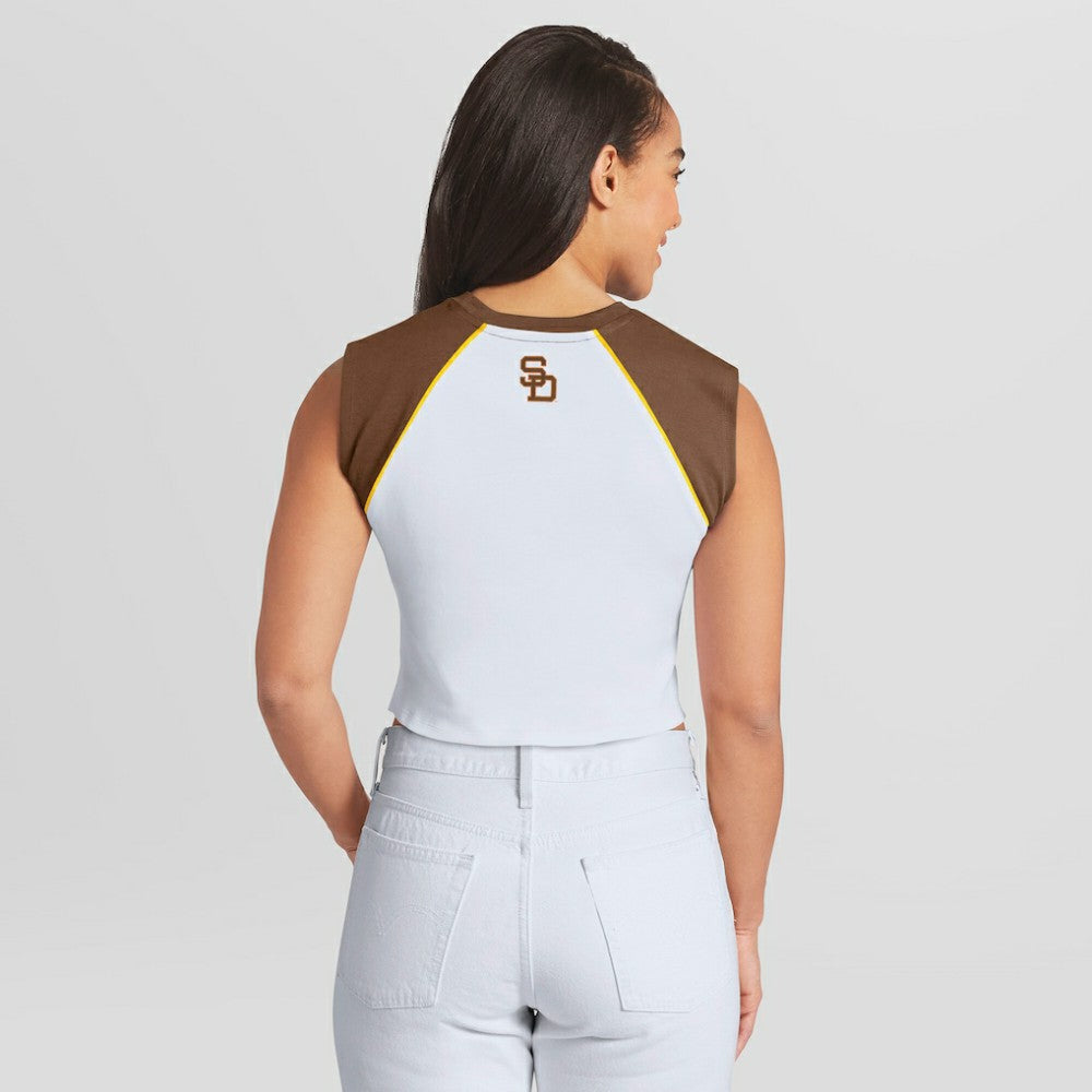 San Diego Padres WEAR by Erin Andrews Women's Cooperstown Cropped Raglan Tank Top - White - MLB Online