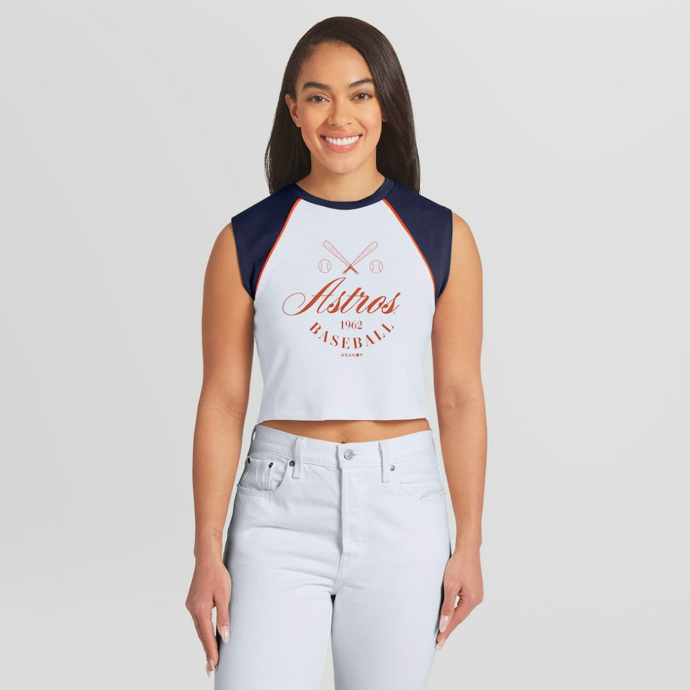 Houston Astros WEAR by Erin Andrews Women's Cooperstown Cropped Raglan Tank Top - White - MLB on Sale