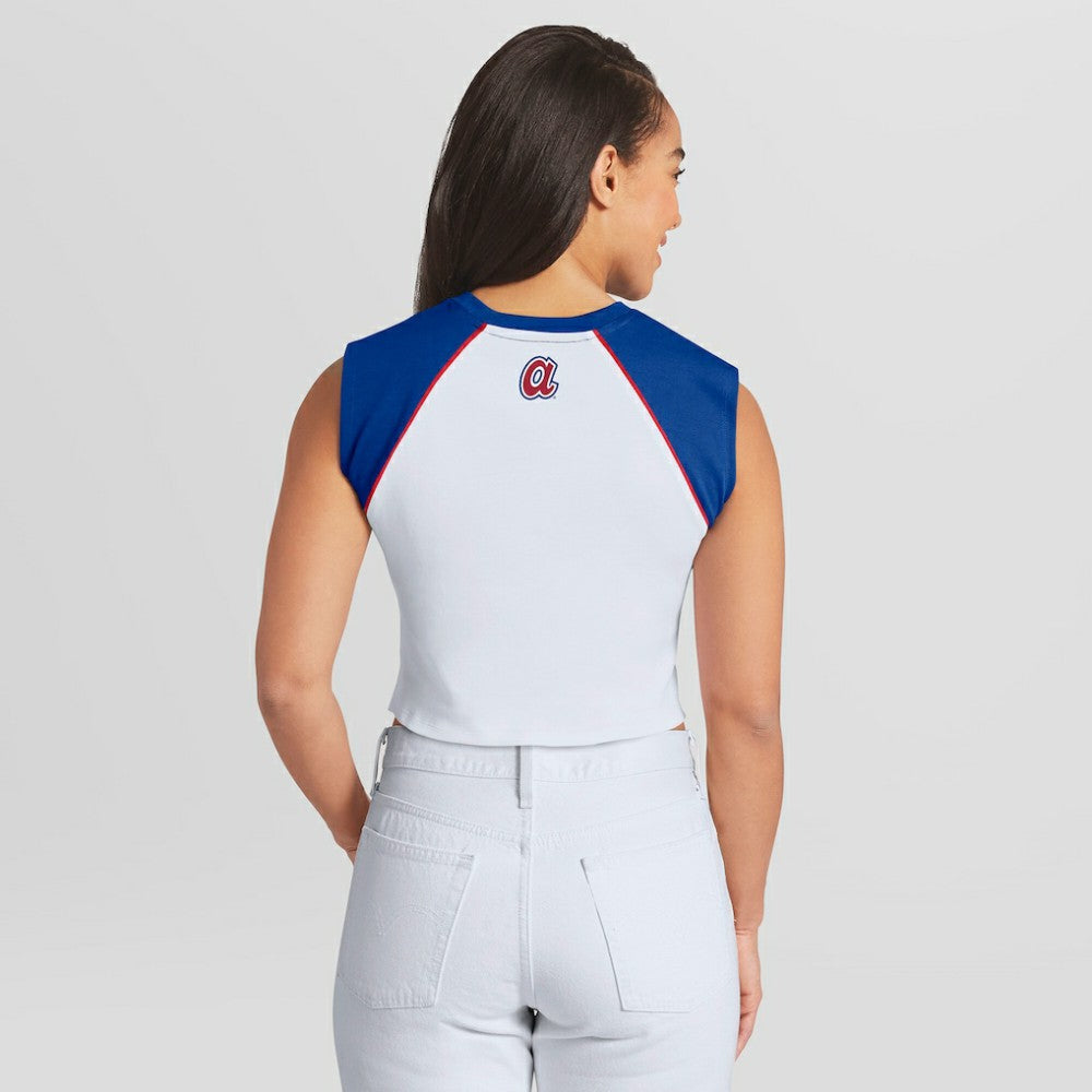 Atlanta Braves WEAR by Erin Andrews Women's Cooperstown Cropped Raglan Tank Top - White - MLB Discount