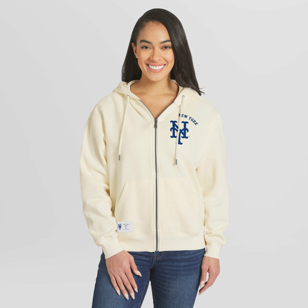 New York Mets WEAR by Erin Andrews Women's Full-Zip Hoodie - Cream - MLB Lifestyle