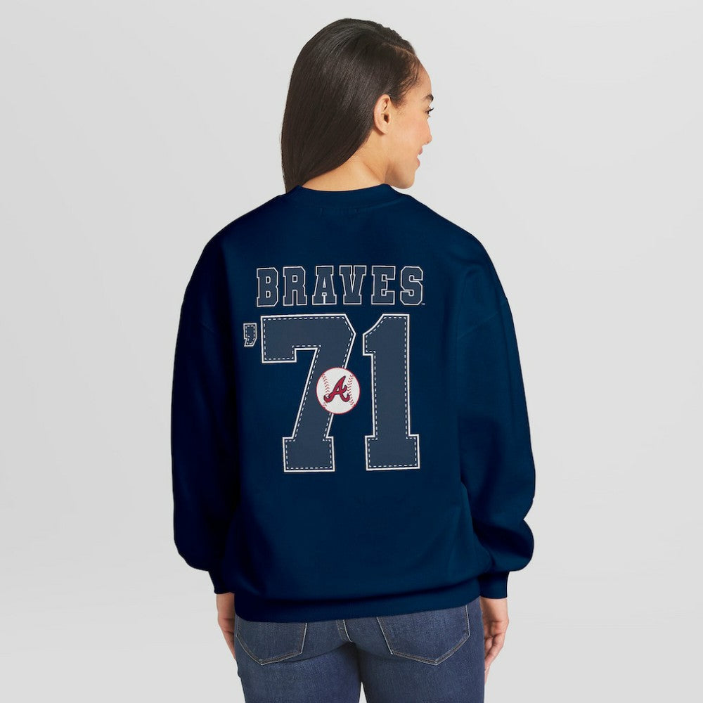 Atlanta Braves WEAR by Erin Andrews Women's Heavyweight Crew Neck Sweatshirt - Navy - MLB Online