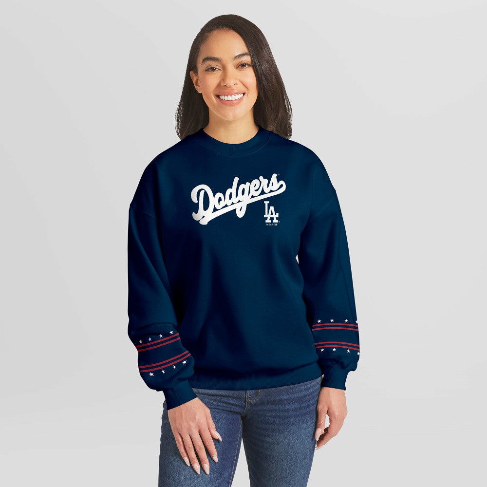 Los Angeles Dodgers WEAR by Erin Andrews Women's Americana Heavyweight Fleece Sweatshirt - Navy - MLB Discount