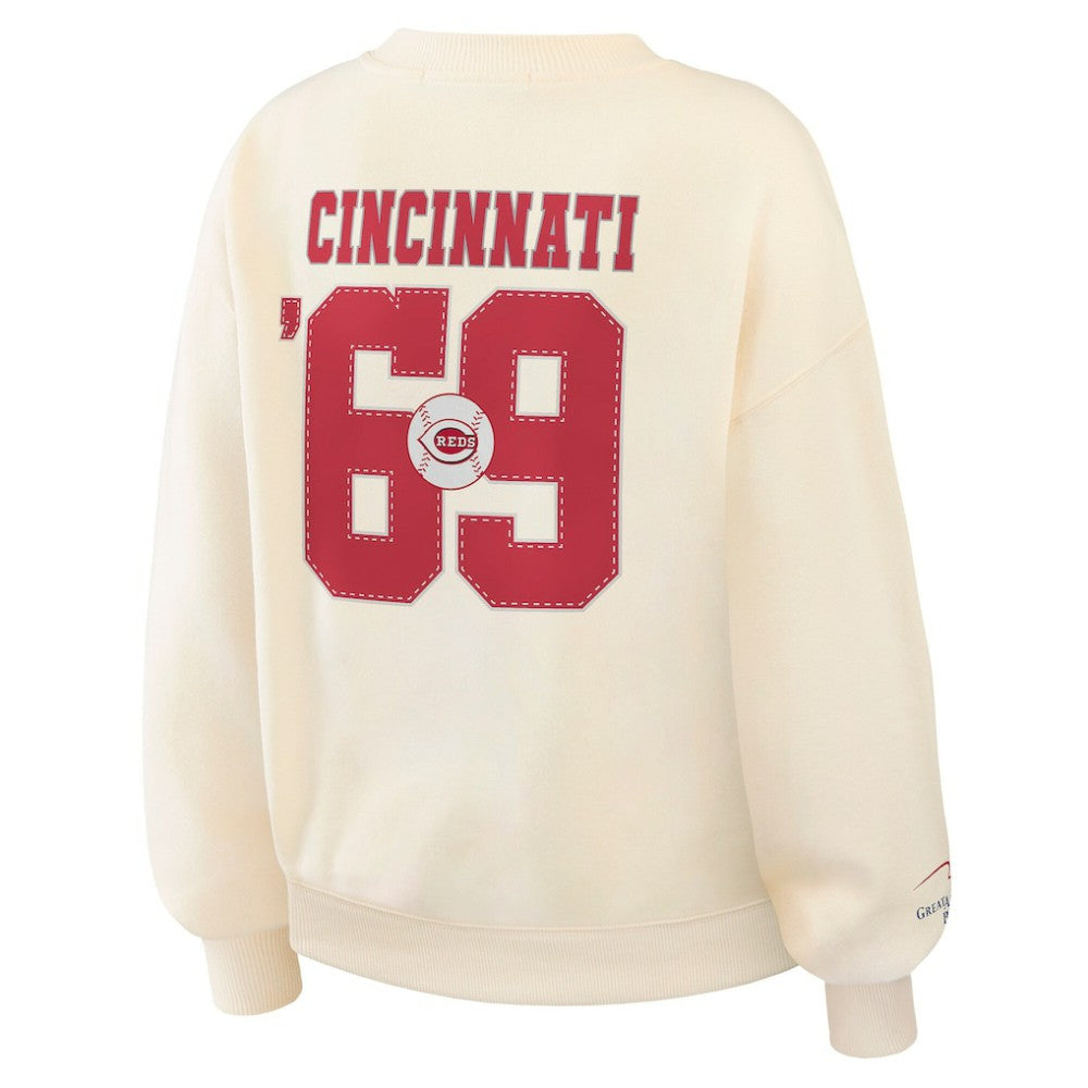 Cincinnati Reds WEAR by Erin Andrews Women's Heavyweight Crew Neck Sweatshirt - Cream - MLB Lifestyle