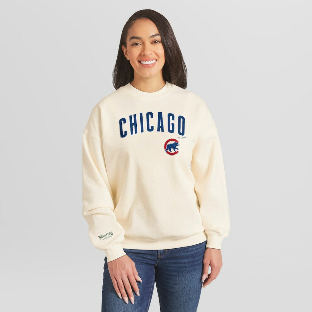 Chicago Cubs WEAR by Erin Andrews Women's Heavyweight Crew Neck Sweatshirt - Cream - MLB on Sale