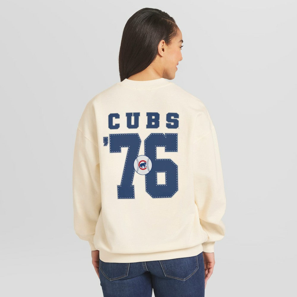 Chicago Cubs WEAR by Erin Andrews Women's Heavyweight Crew Neck Sweatshirt - Cream - MLB on Sale