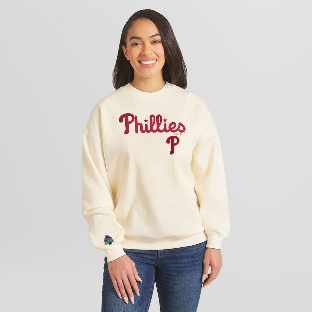 Philadelphia Phillies WEAR by Erin Andrews Women's Heavyweight Crew Neck Sweatshirt - Cream - MLB Discount
