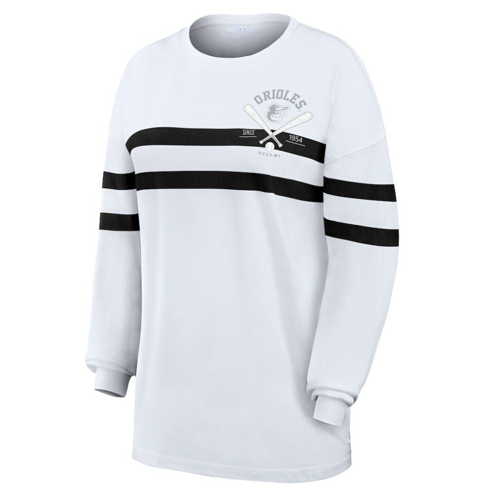 Baltimore Orioles WEAR by Erin Andrews Women's Oversized Long Sleeve Striped T-Shirt - White - MLB Sale
