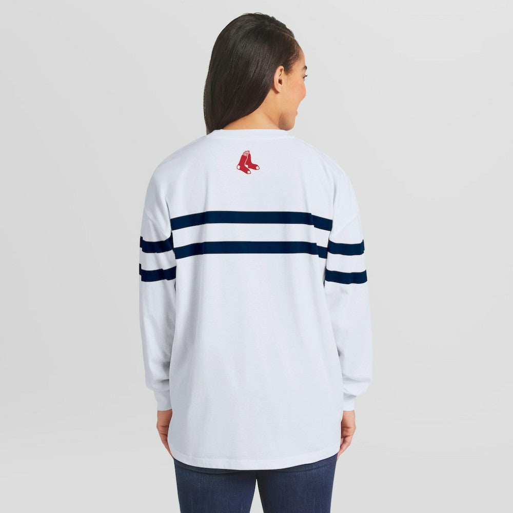 Boston Red Sox WEAR by Erin Andrews Women's Oversized Long Sleeve Striped T-Shirt - White - MLB on Sale
