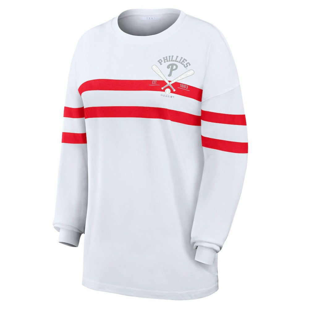 Philadelphia Phillies WEAR by Erin Andrews Women's Oversized Long Sleeve Striped T-Shirt - White - MLB Sale