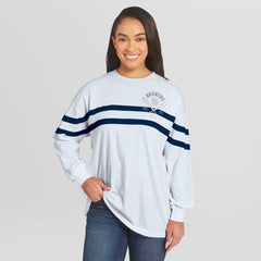 Milwaukee Brewers WEAR by Erin Andrews Women's Oversized Long Sleeve Striped T-Shirt - White - MLB Lifestyle