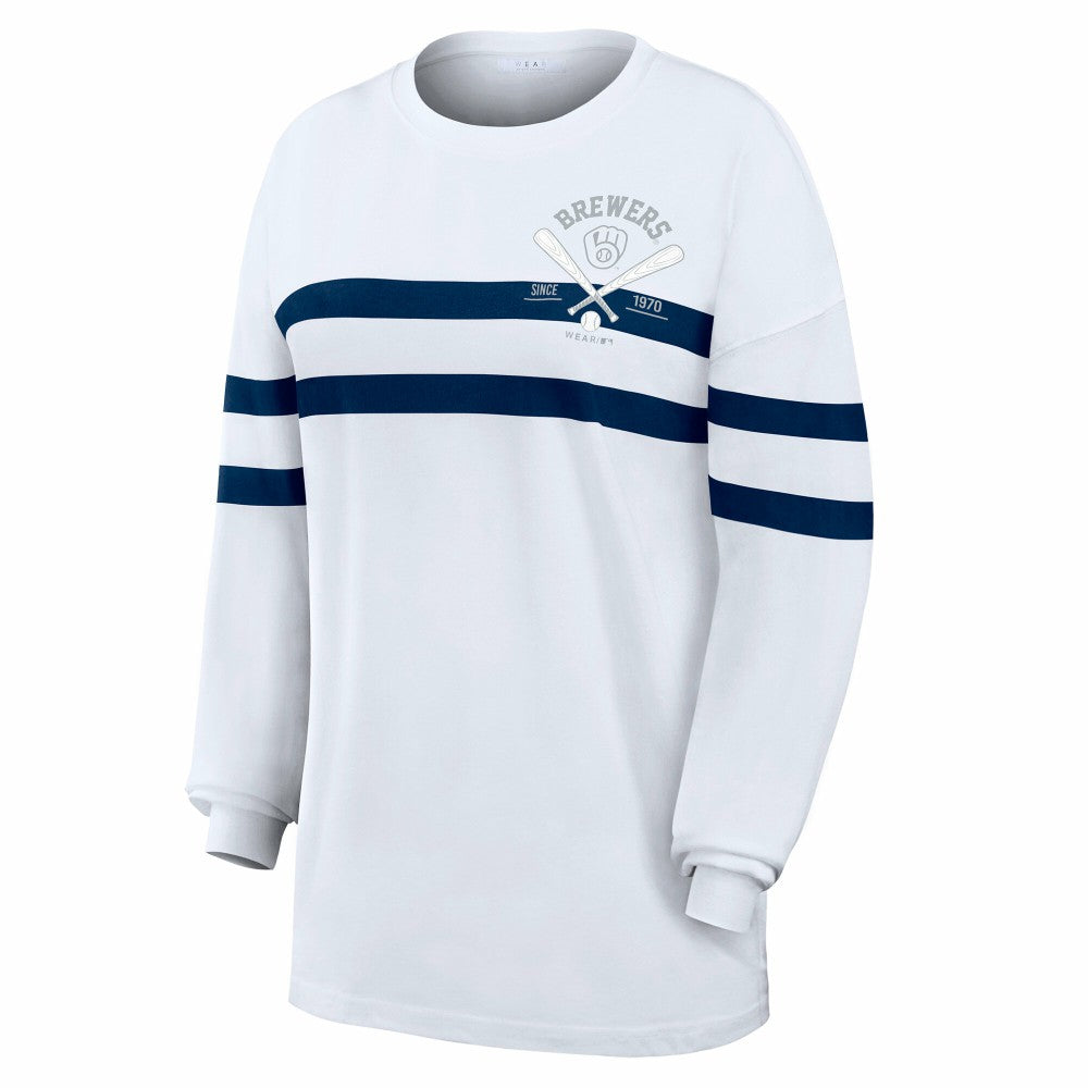 Milwaukee Brewers WEAR by Erin Andrews Women's Oversized Long Sleeve Striped T-Shirt - White - MLB Lifestyle