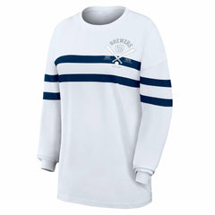 Milwaukee Brewers WEAR by Erin Andrews Women's Oversized Long Sleeve Striped T-Shirt - White - MLB Lifestyle
