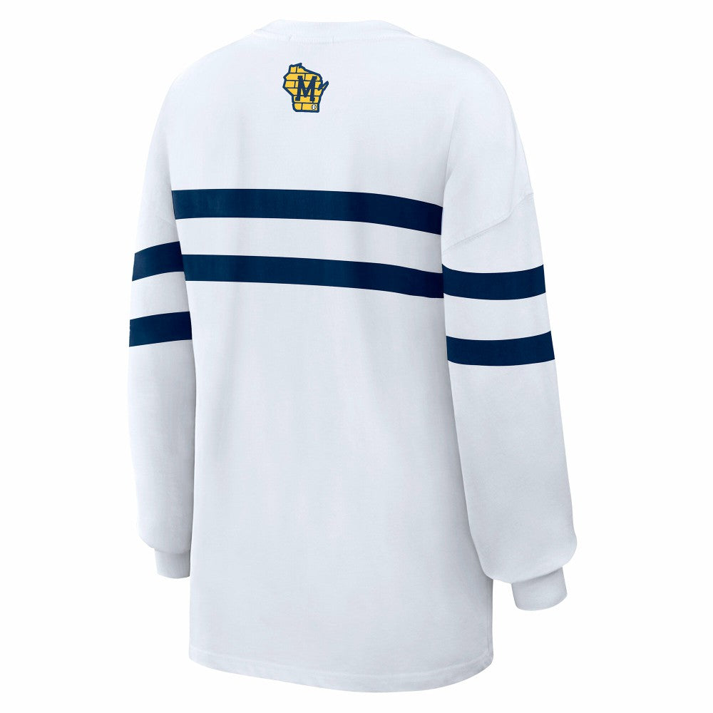 Milwaukee Brewers WEAR by Erin Andrews Women's Oversized Long Sleeve Striped T-Shirt - White - MLB Lifestyle