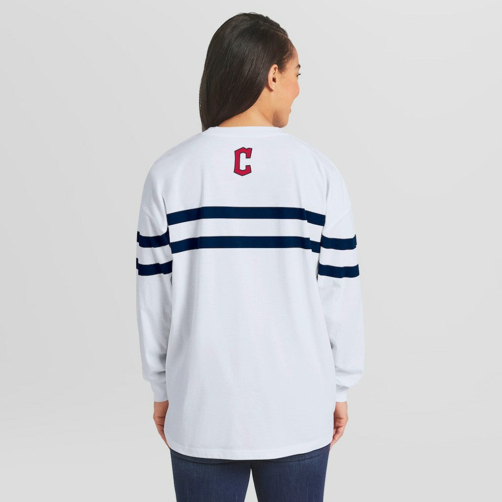 Cleveland Guardians WEAR by Erin Andrews Women's Oversized Long Sleeve Striped T-Shirt - White - MLB Lifestyle
