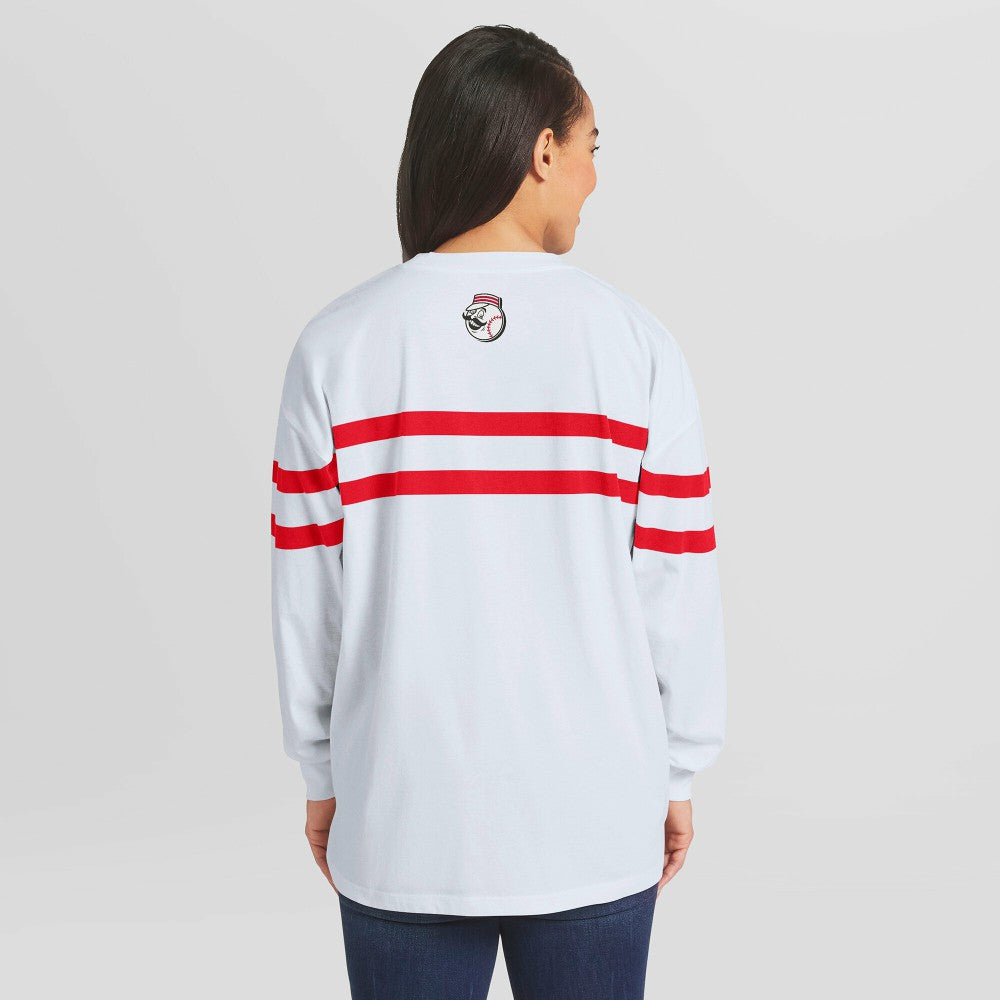 Cincinnati Reds WEAR by Erin Andrews Women's Oversized Long Sleeve Striped T-Shirt - White - MLB Discount