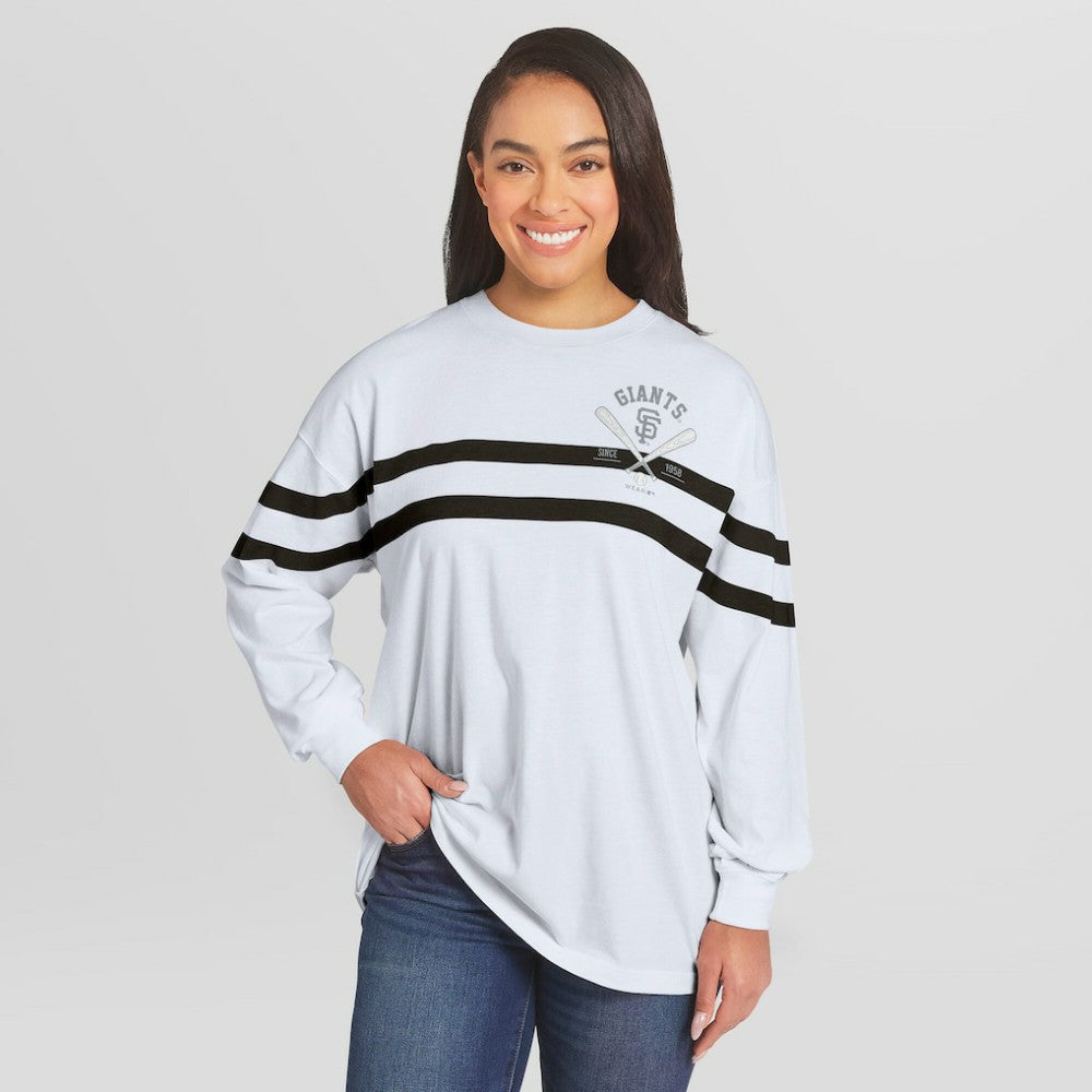 San Francisco Giants WEAR by Erin Andrews Women's Oversized Long Sleeve Striped T-Shirt - White - MLB on Sale