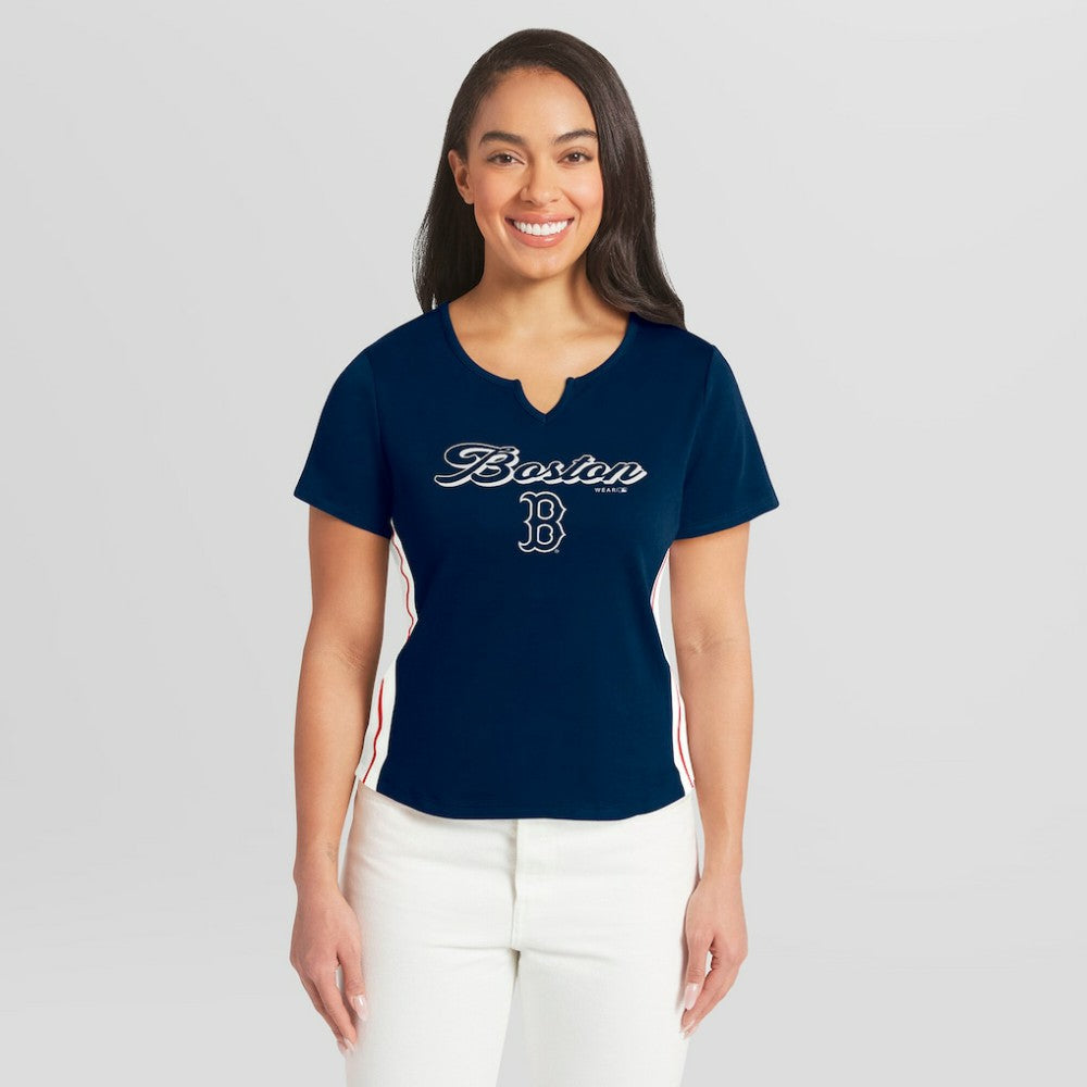 Boston Red Sox WEAR by Erin Andrews Women's Notch Neck Cropped T-Shirt - Navy - MLB on Sale