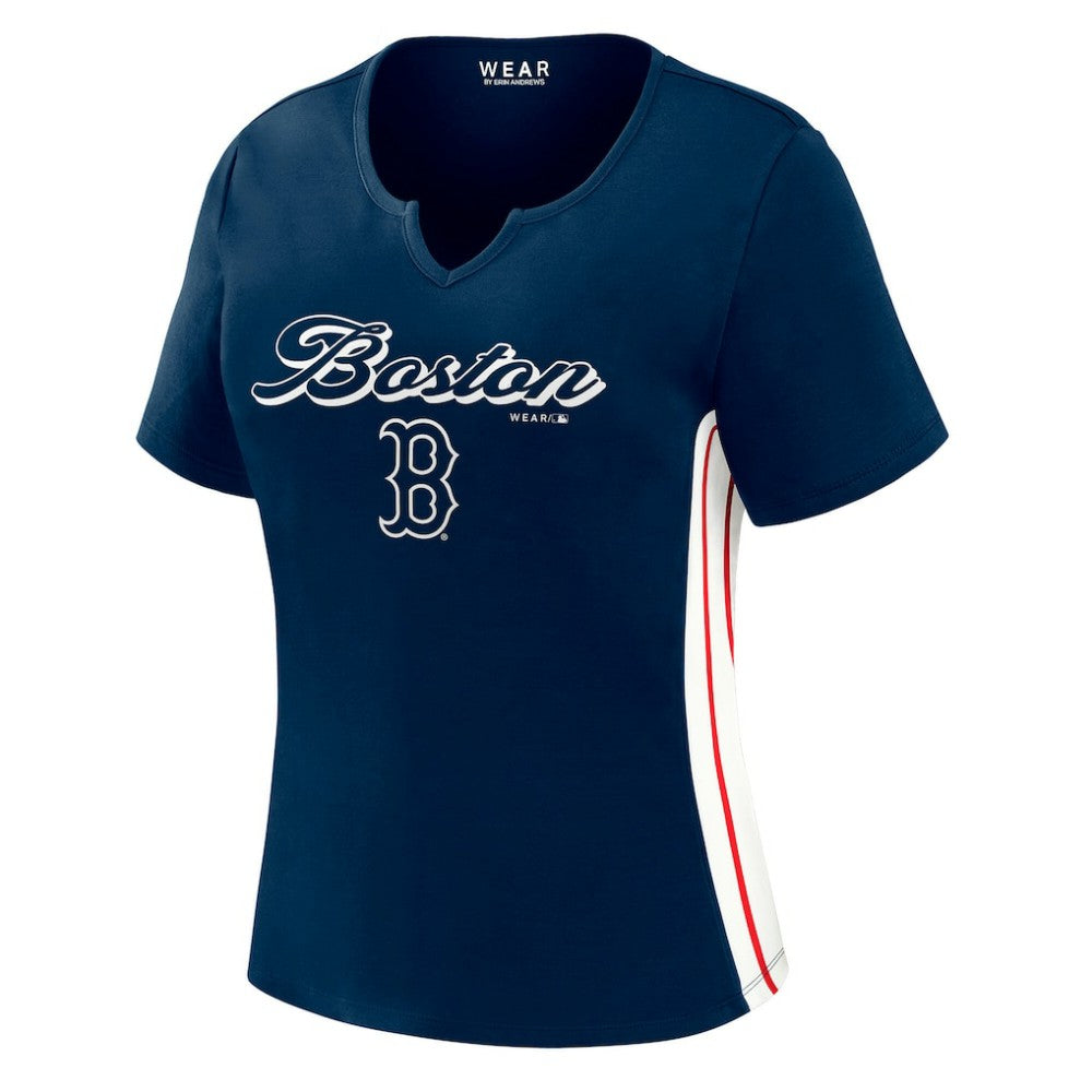 Boston Red Sox WEAR by Erin Andrews Women's Notch Neck Cropped T-Shirt - Navy - MLB on Sale